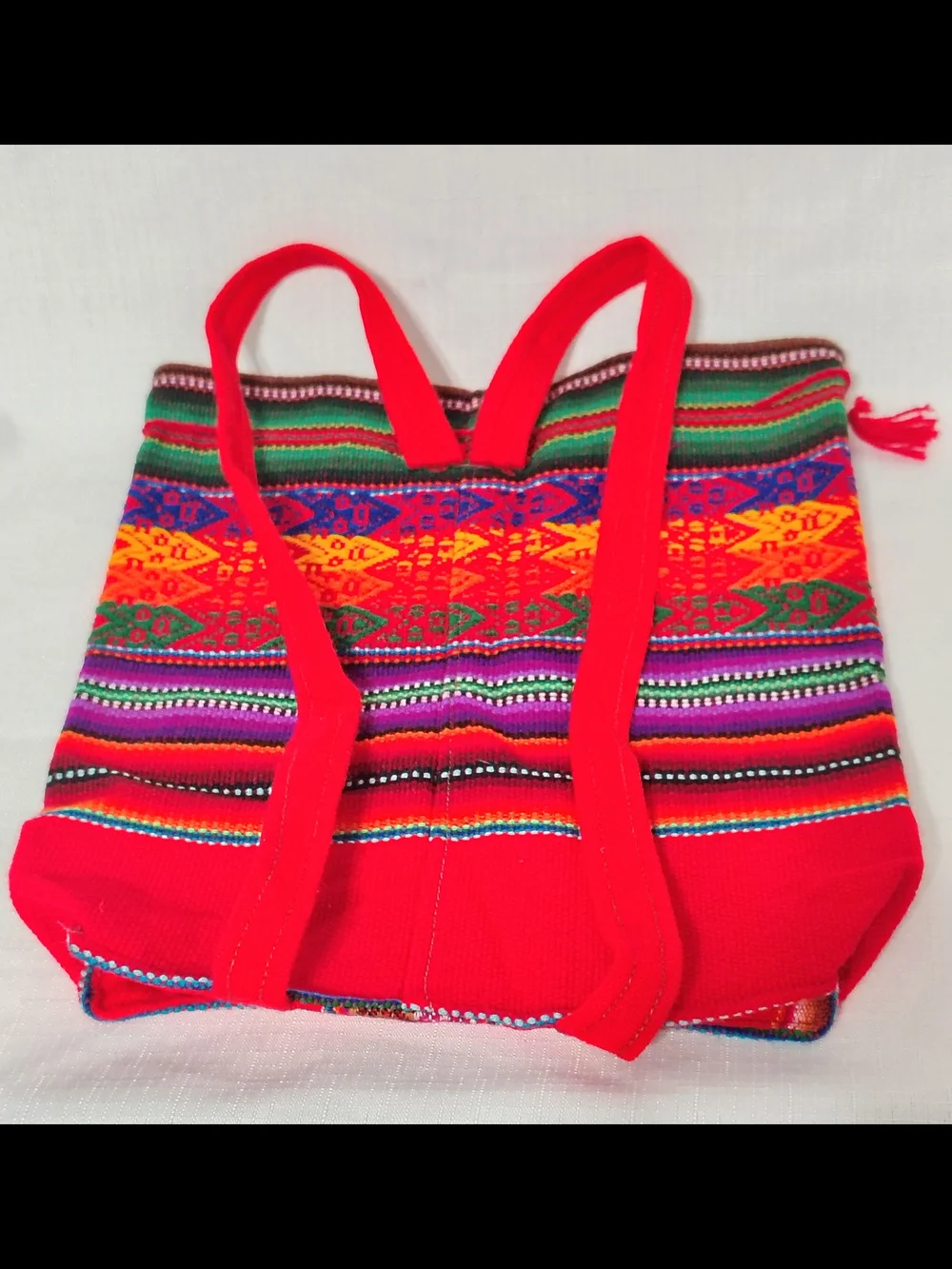 Peruvian Child's Backpack Woven Red Wool With Embroidery Colorful Alpaca & Sun
